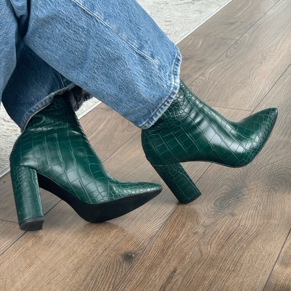 Croc-Embossed Glossy Green Midcalf Boots